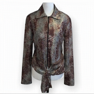𝅺joseph Ribkoff Purple and Silver Snakeprint Tie Front Metalic Moto Jacket 10